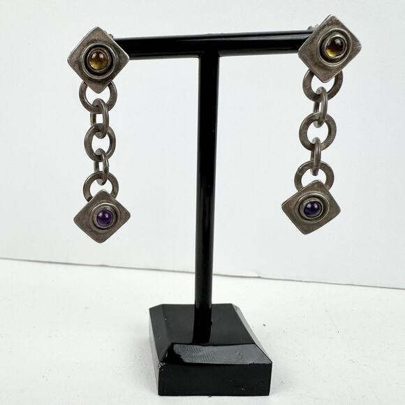 Vintage SCB Earrings 925 Sterling Silver Real Amethyst Purple Yellow Stone Chain - Picture 12 of 13
